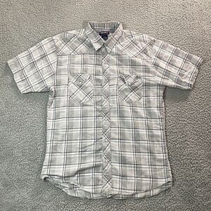 Most Pearl Snap Button Up Shirt Men's Western Short Sleeve Gray Plaid Large